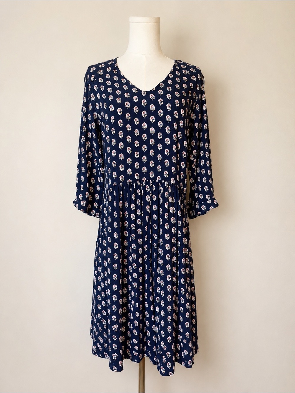 Garnet Hill Navy Floral Viscose Boho Pocket Dress 3/4 Sleeve Size 4